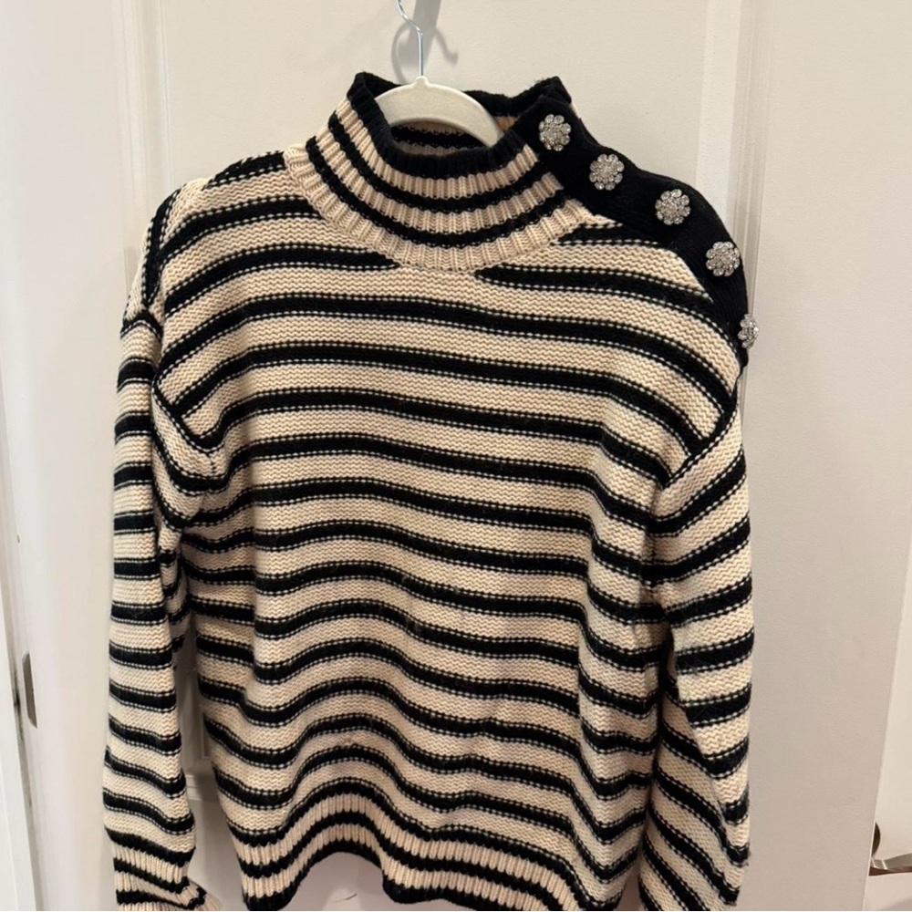 J. Crew Black and Cream Striped Turtleneck Sweater